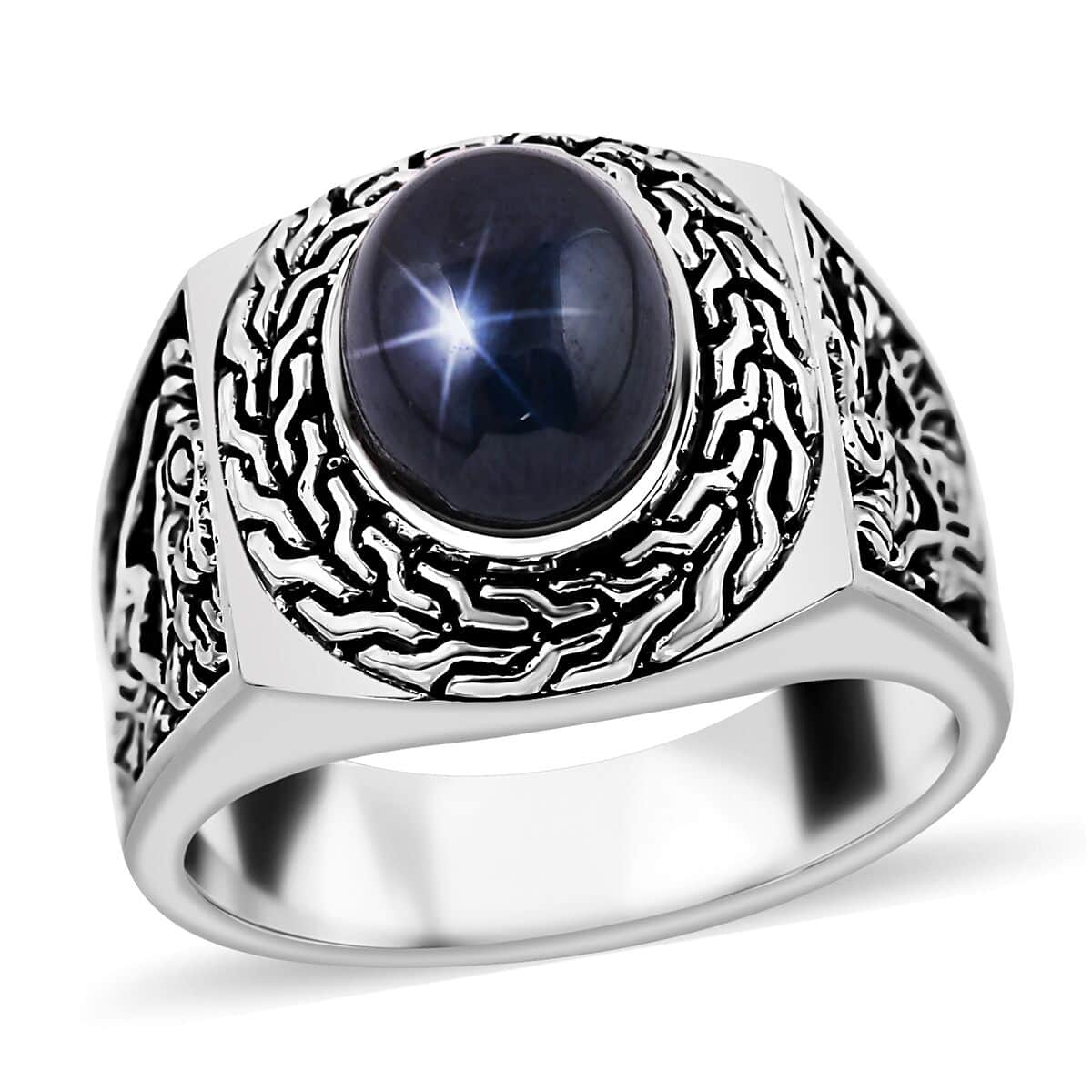 Bali Legacy Blue Star Sapphire (DF) Dragon Men's Ring in Sterling Silver (Size 9.0) 4.50 ctw image number 0