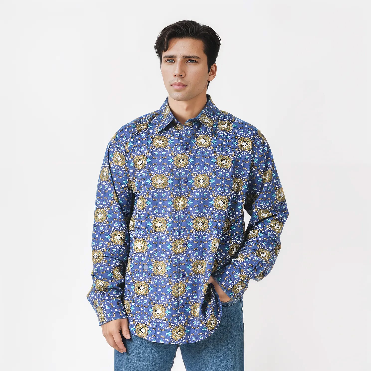 Tamsy by Hunter Navy Floral Men's Button-up Long Sleeve Shirt - S