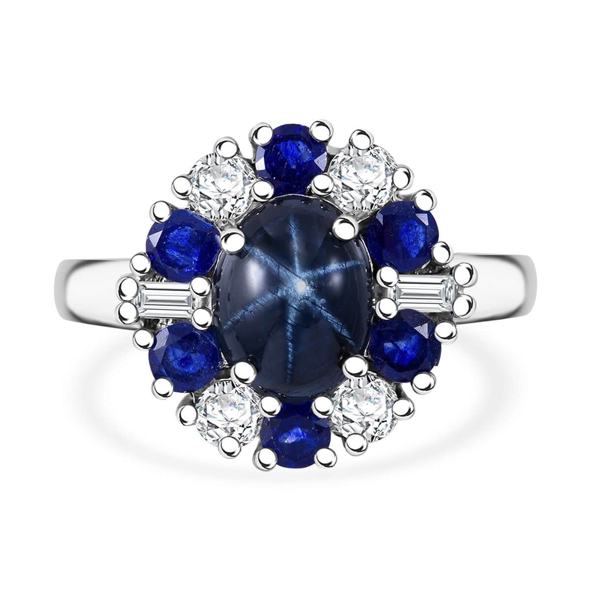 Blue Star Sapphire (DF) and Multi Gemstone 4.75 ctw Midnight Halo Ring in Platinum Over Sterling Silver (Size 10.0) image number 0