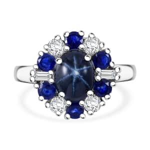 Blue Star Sapphire (DF) and Multi Gemstone 4.75 ctw Midnight Halo Ring in Platinum Over Sterling Silver (Size 10.0)