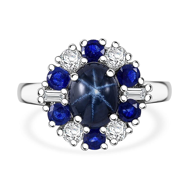 Blue Star Sapphire (DF) and Multi Gemstone 4.75 ctw Midnight Halo Ring in Platinum Over Sterling Silver (Size 10.0)
