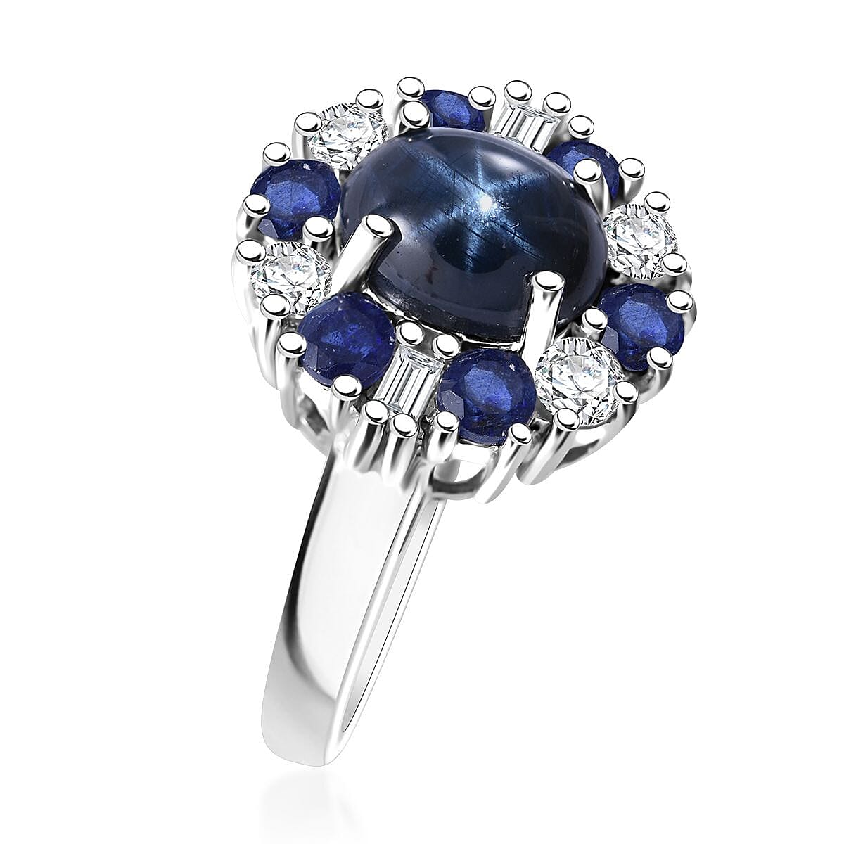 Blue Star Sapphire (DF) and Multi Gemstone 4.75 ctw Midnight Halo Ring in Platinum Over Sterling Silver (Size 10.0)