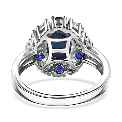 Blue Star Sapphire (DF) and Multi Gemstone 4.75 ctw Midnight Halo Ring in Platinum Over Sterling Silver (Size 10.0)
