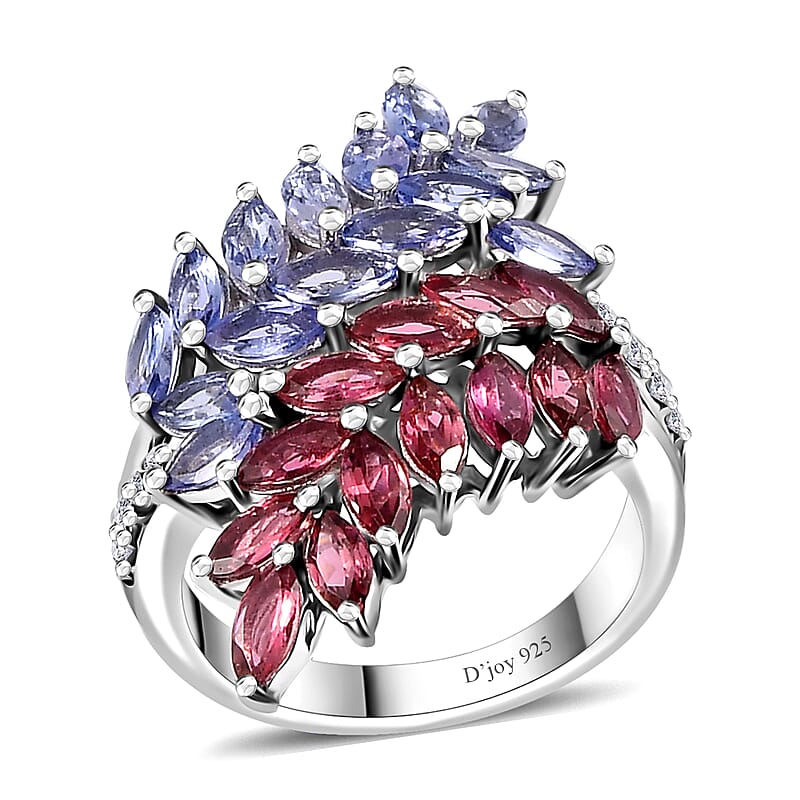 Tanzanite and Multi Gemstone Bypass Fern Leaf Ring in Rhodium Over Sterling Silver (Size 10.0) 4.00 ctw