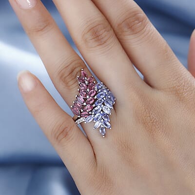 Tanzanite and Multi Gemstone Bypass Fern Leaf Ring in Rhodium Over Sterling Silver (Size 10.0) 4.00 ctw