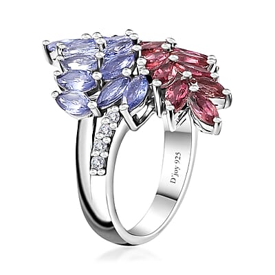 Tanzanite and Multi Gemstone Bypass Fern Leaf Ring in Rhodium Over Sterling Silver (Size 10.0) 4.00 ctw