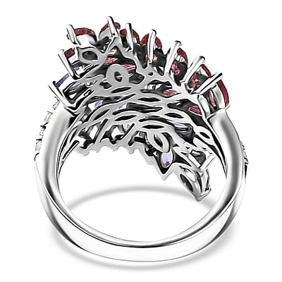 Tanzanite and Multi Gemstone Bypass Fern Leaf Ring in Rhodium Over Sterling Silver (Size 10.0) 4.00 ctw