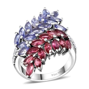 Tanzanite and Multi Gemstone Bypass Fern Leaf Ring in Rhodium Over Sterling Silver (Size 5.0) 4.00 ctw