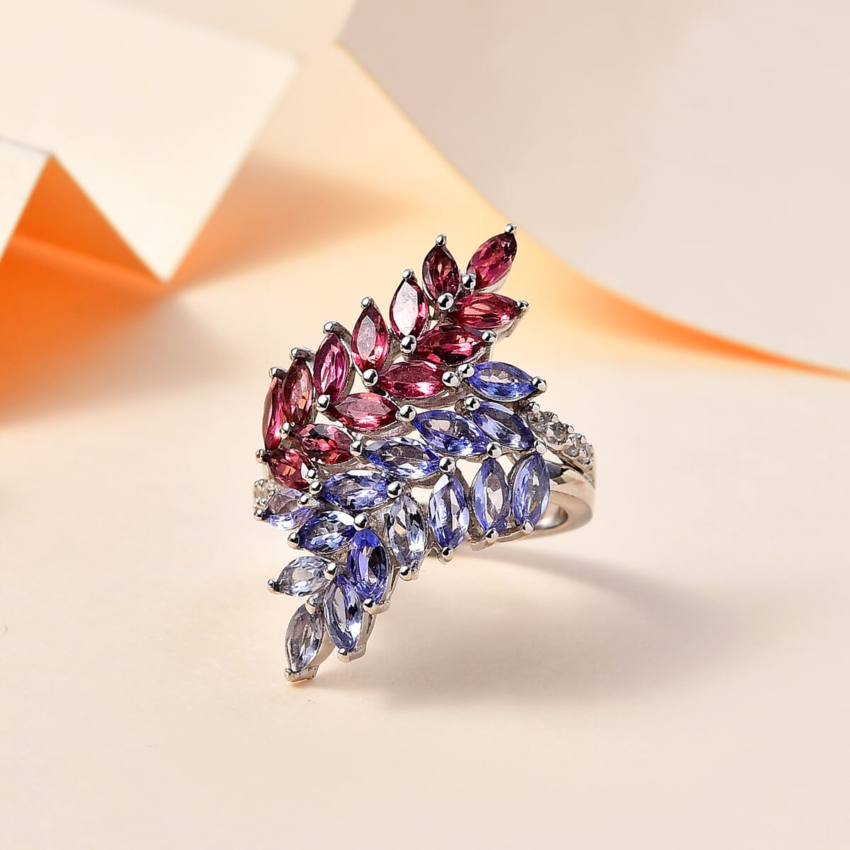 Tanzanite and Multi Gemstone Bypass Fern Leaf Ring in Rhodium Over Sterling Silver (Size 5.0) 4.00 ctw image number 1