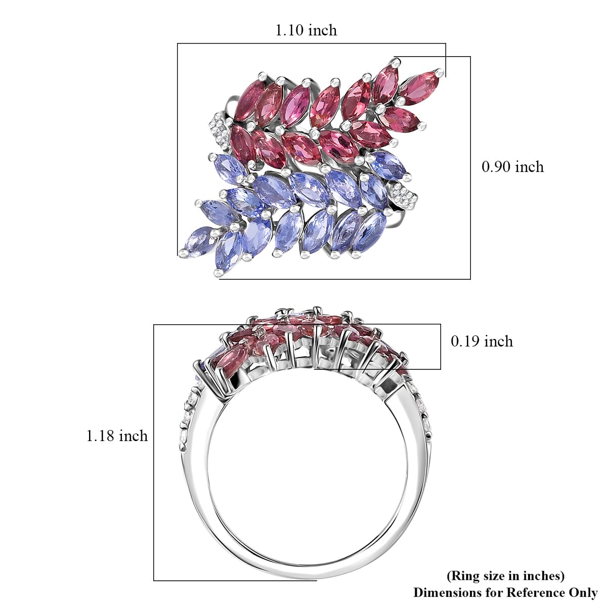 Tanzanite and Multi Gemstone Bypass Fern Leaf Ring in Rhodium Over Sterling Silver (Size 5.0) 4.00 ctw image number 5