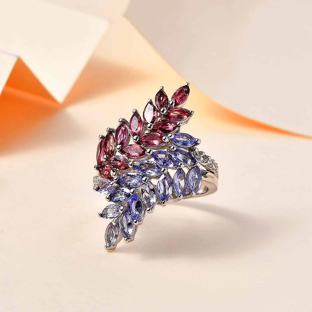 Tanzanite and Multi Gemstone Bypass Fern Leaf Ring in Rhodium Over Sterling Silver (Size 6.0) 4.00 ctw image number 1