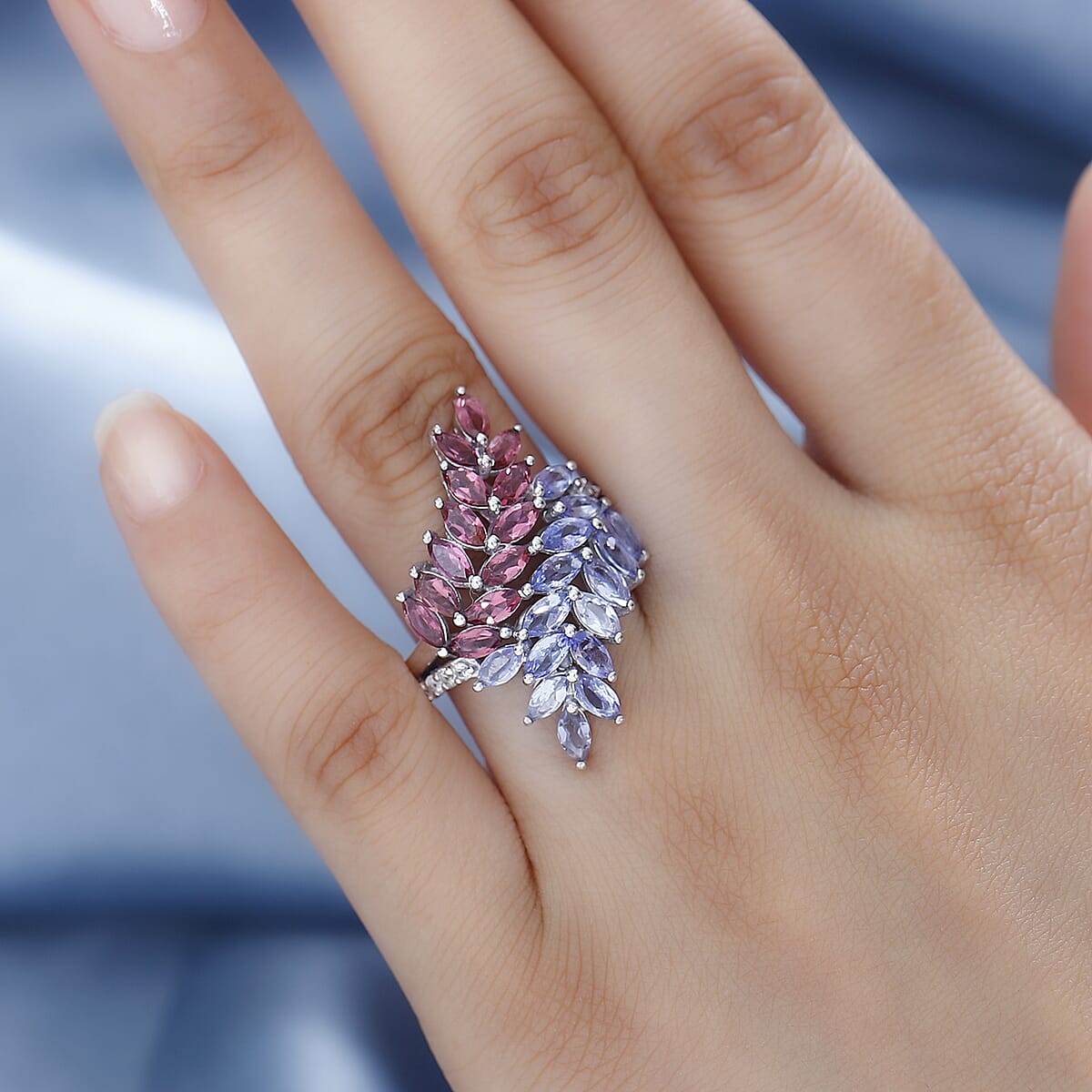 Tanzanite and Multi Gemstone Bypass Fern Leaf Ring in Rhodium Over Sterling Silver (Size 6.0) 4.00 ctw image number 2