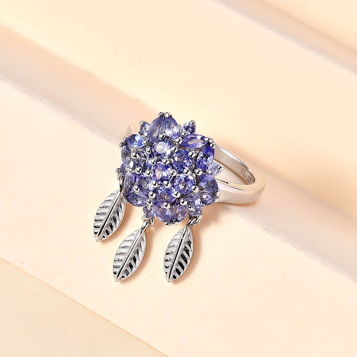 Tanzanite Floral with Leaf Charm Ring in Rhodium Over Sterling Silver (Size 7.0) 1.90 ctw image number 1