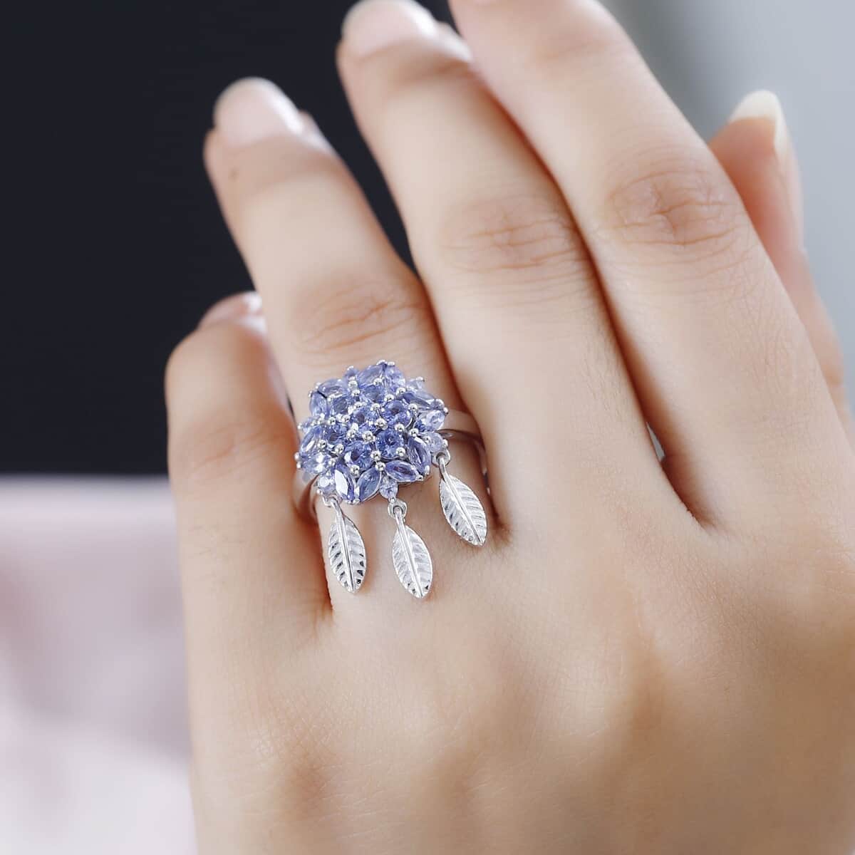 Tanzanite Floral with Leaf Charm Ring in Rhodium Over Sterling Silver (Size 7.0) 1.90 ctw image number 2