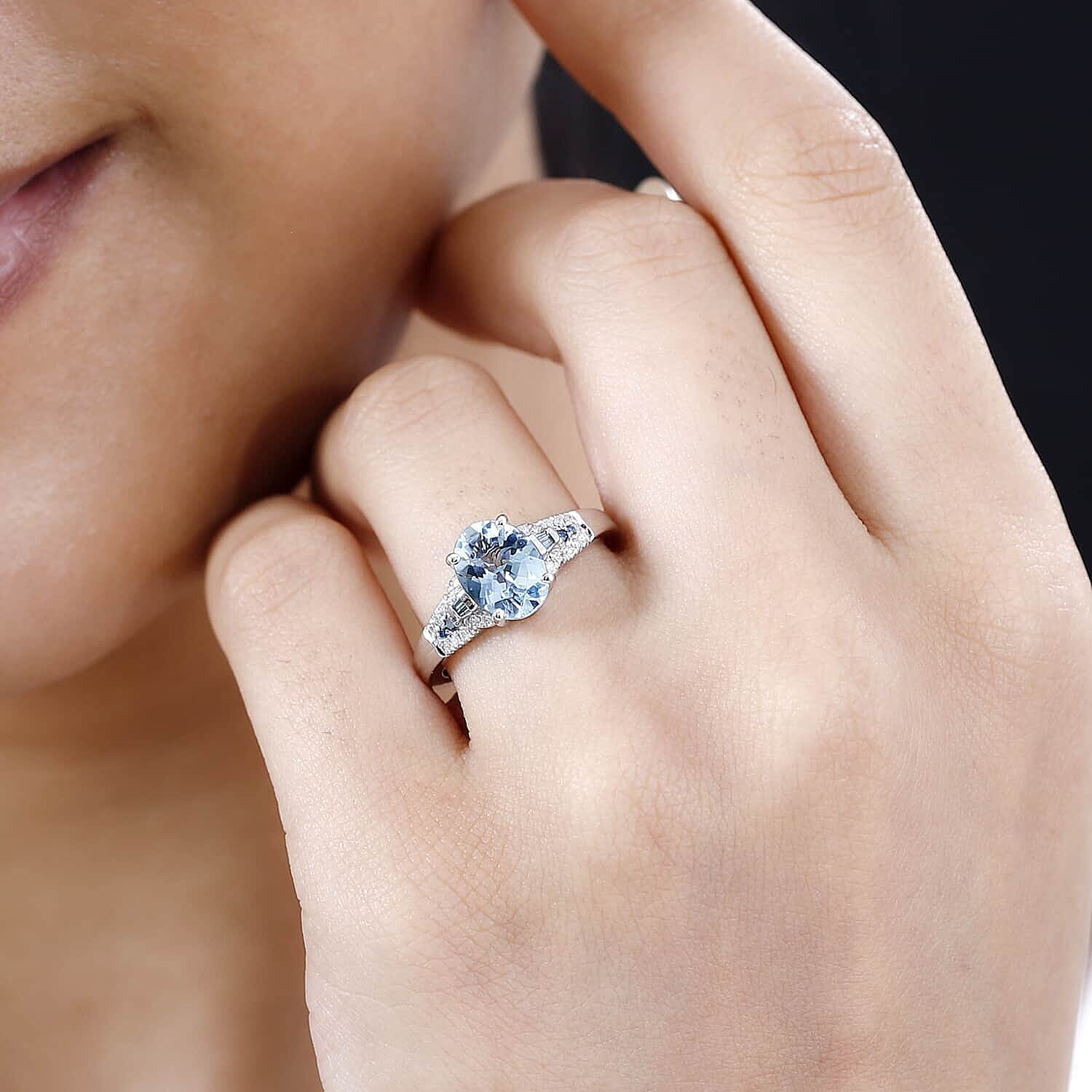 Luxoro AAA Santa Maria Aquamarine, I2 Venice Blue and White Diamond 1.65 ctw Sea Hues Ring in 14K White Gold (Size 7.0)