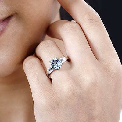 Luxoro AAA Santa Maria Aquamarine, I2 Venice Blue and White Diamond 1.65 ctw Sea Hues Ring in 14K White Gold (Size 7.0)