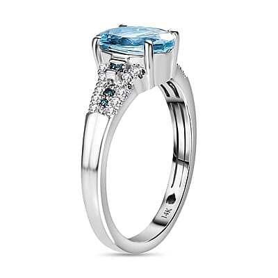 Luxoro AAA Santa Maria Aquamarine, I2 Venice Blue and White Diamond 1.65 ctw Sea Hues Ring in 14K White Gold (Size 7.0)