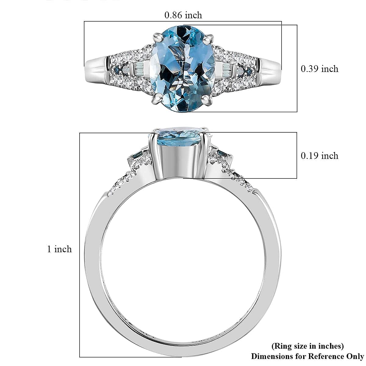 Luxoro AAA Santa Maria Aquamarine, I2 Venice Blue and White Diamond 1.65 ctw Sea Hues Ring in 14K White Gold (Size 7.0)