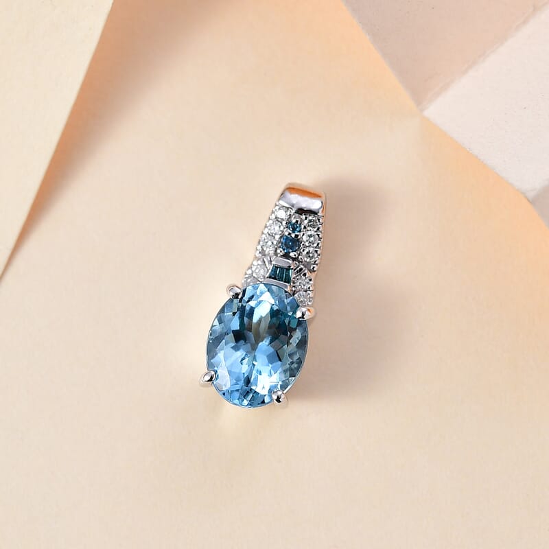 Luxoro 14K White Gold AAA Santa Maria Aquamarine and I2 Venice Blue and White Diamond Sea Hues Pendant 1.60 ctw