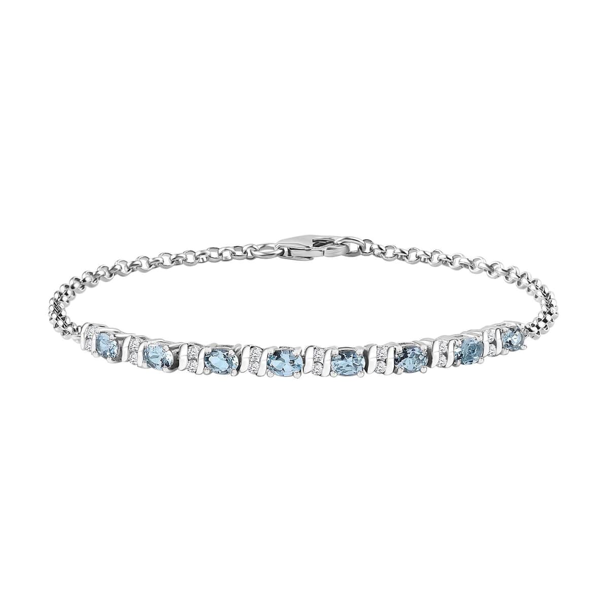 Santa Maria Aquamarine and White Zircon Sea Wave Bracelet in Rhodium Over Sterling Silver (7.25 In) 1.70 ctw image number 0