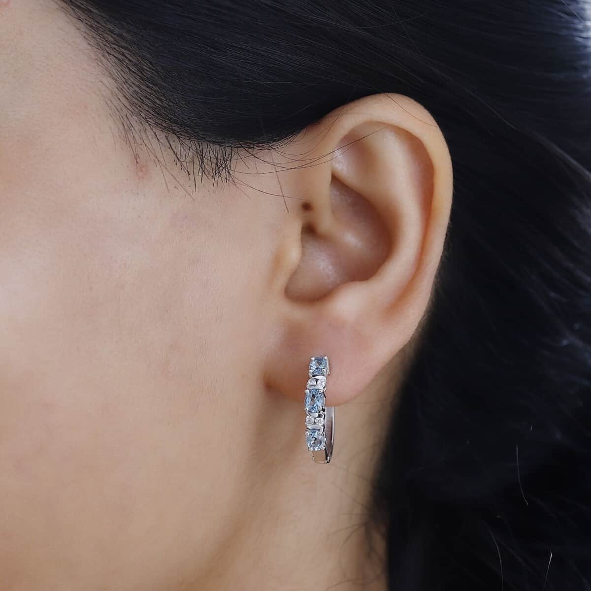 Santa Maria Aquamarine and White Zircon Sea Wave Earrings in Rhodium Over Sterling Silver 1.20 ctw image number 2