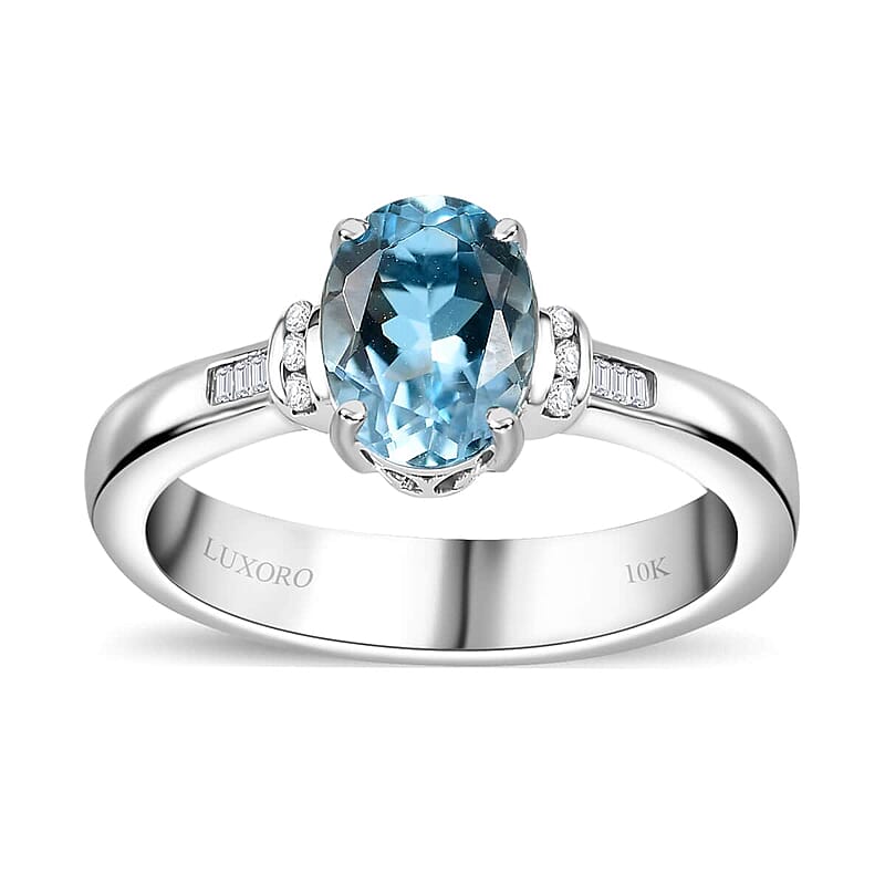 Luxoro Premium Santa Maria Aquamarine and G-H I2 Diamond 1.20 ctw Statement Ring in 10K White Gold (Size 6.0)