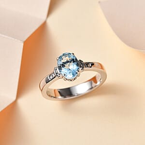 Luxoro Premium Santa Maria Aquamarine and G-H I2 Diamond 1.20 ctw Statement Ring in 10K White Gold (Size 7.0)