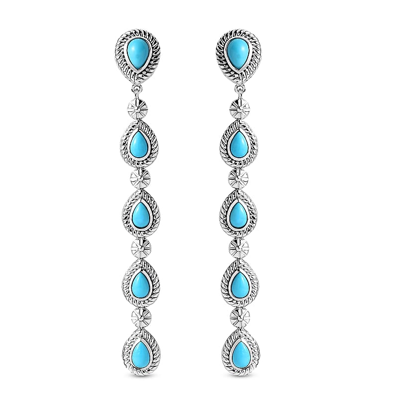 Sleeping Beauty Turquoise Dangling Earrings in Rhodium Over Sterling Silver 4.60 ctw