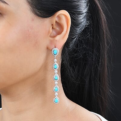 Sleeping Beauty Turquoise Dangling Earrings in Rhodium Over Sterling Silver 4.60 ctw
