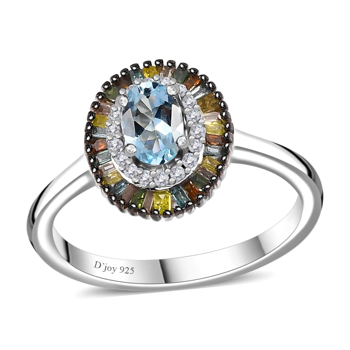 Santa Maria Aquamarine and Multi Diamond Double Halo Rainbow Ring in Rhodium Over Sterling Silver (Size 10.0) 0.70 ctw image number 0