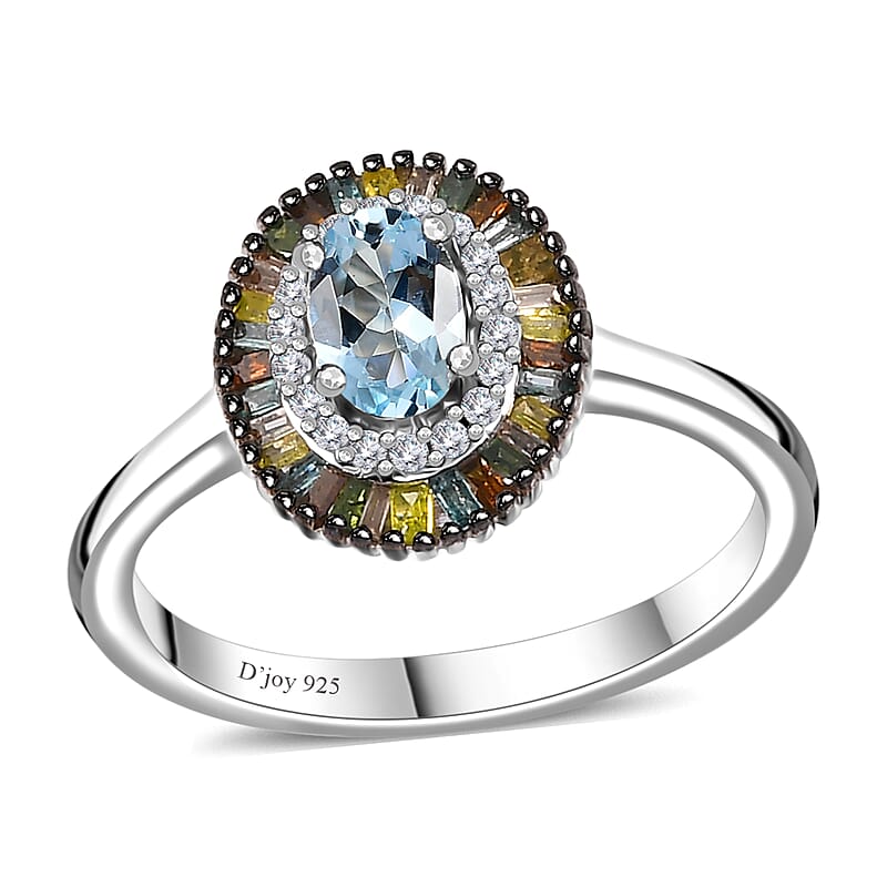 Santa Maria Aquamarine and Multi Diamond Double Halo Rainbow Ring in Rhodium Over Sterling Silver (Size 10.0) 0.70 ctw