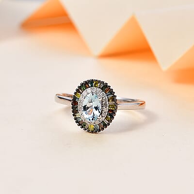Santa Maria Aquamarine and Multi Diamond Double Halo Rainbow Ring in Rhodium Over Sterling Silver (Size 10.0) 0.70 ctw