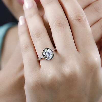 Santa Maria Aquamarine and Multi Diamond Double Halo Rainbow Ring in Rhodium Over Sterling Silver (Size 10.0) 0.70 ctw