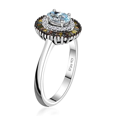 Santa Maria Aquamarine and Multi Diamond Double Halo Rainbow Ring in Rhodium Over Sterling Silver (Size 10.0) 0.70 ctw