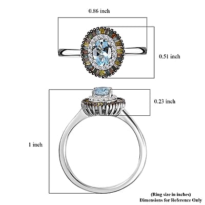 Santa Maria Aquamarine and Multi Diamond Double Halo Rainbow Ring in Rhodium Over Sterling Silver (Size 10.0) 0.70 ctw