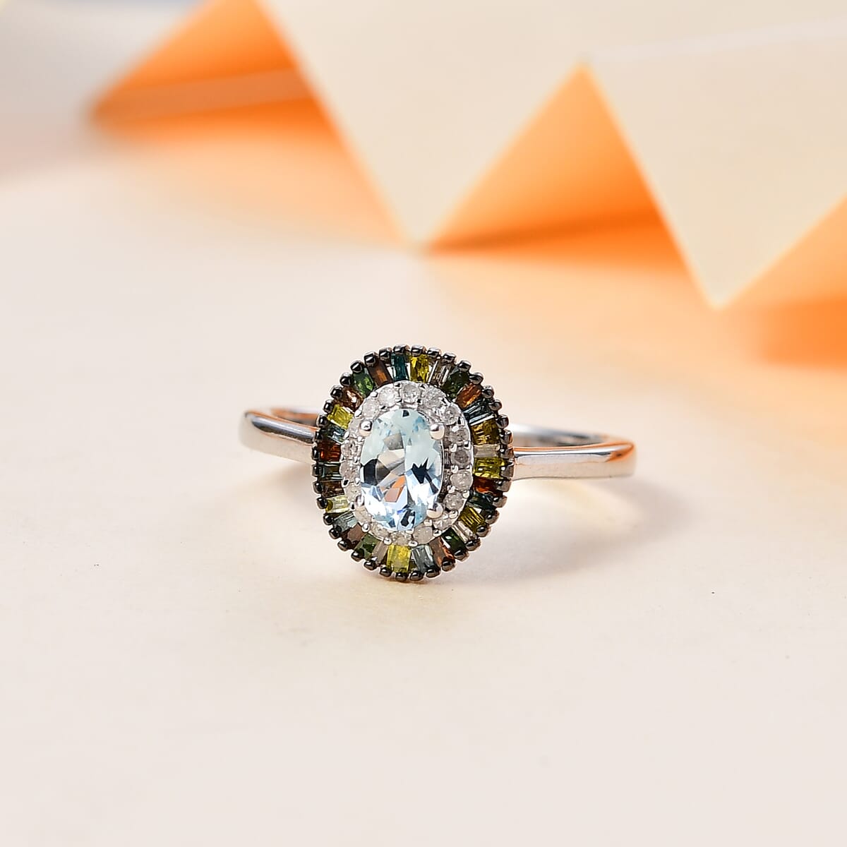 Santa Maria Aquamarine and Multi Diamond Double Halo Rainbow Ring in Rhodium Over Sterling Silver (Size 5.0) 0.70 ctw image number 1