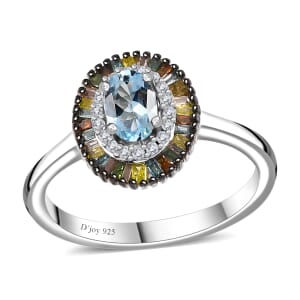Santa Maria Aquamarine and Multi Diamond Double Halo Rainbow Ring in Rhodium Over Sterling Silver (Size 6.0) 0.70 ctw