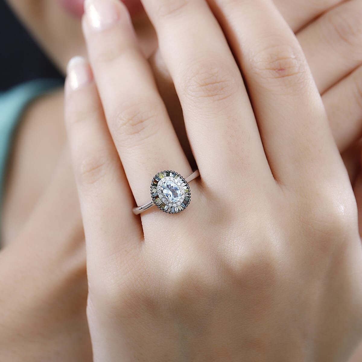 D'Joy Santa Maria Aquamarine and Multi Diamond Double Halo Rainbow Ring in Rhodium Over Sterling Silver (Size 7.0) 0.70 ctw image number 2