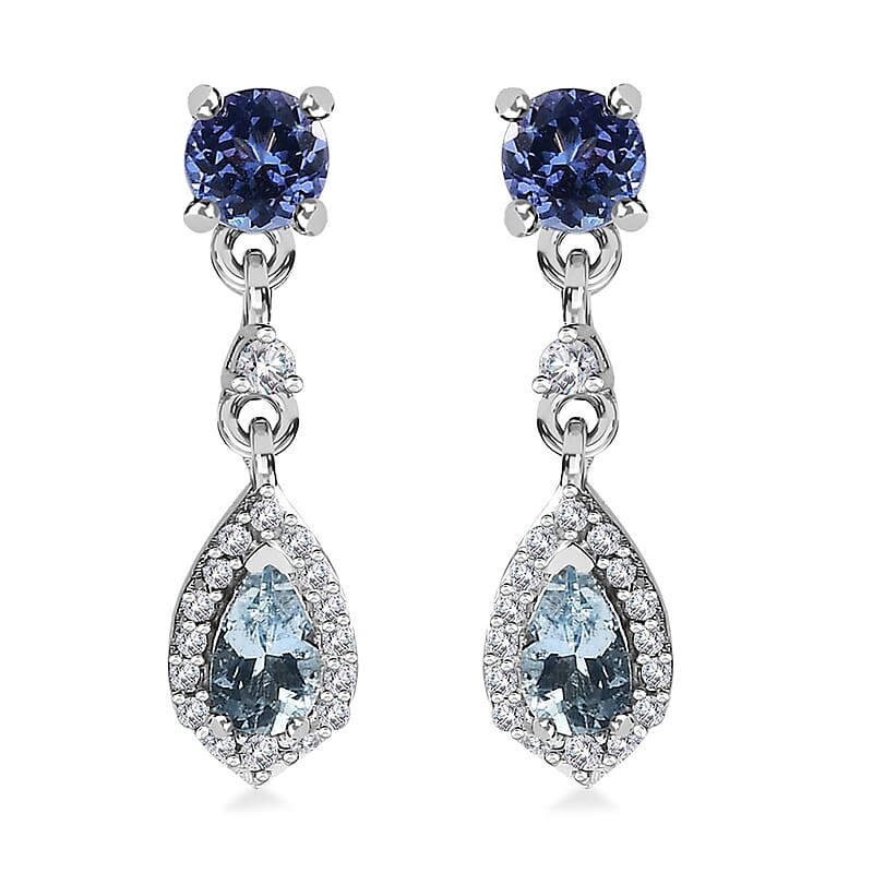 Santa Maria Aquamarine and Multi Gemstone Drop Earrings in Rhodium Over Sterling Silver 1.15 ctw