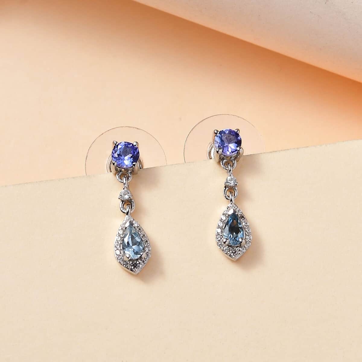 Santa Maria Aquamarine and Multi Gemstone Drop Earrings in Rhodium Over Sterling Silver 1.15 ctw image number 1