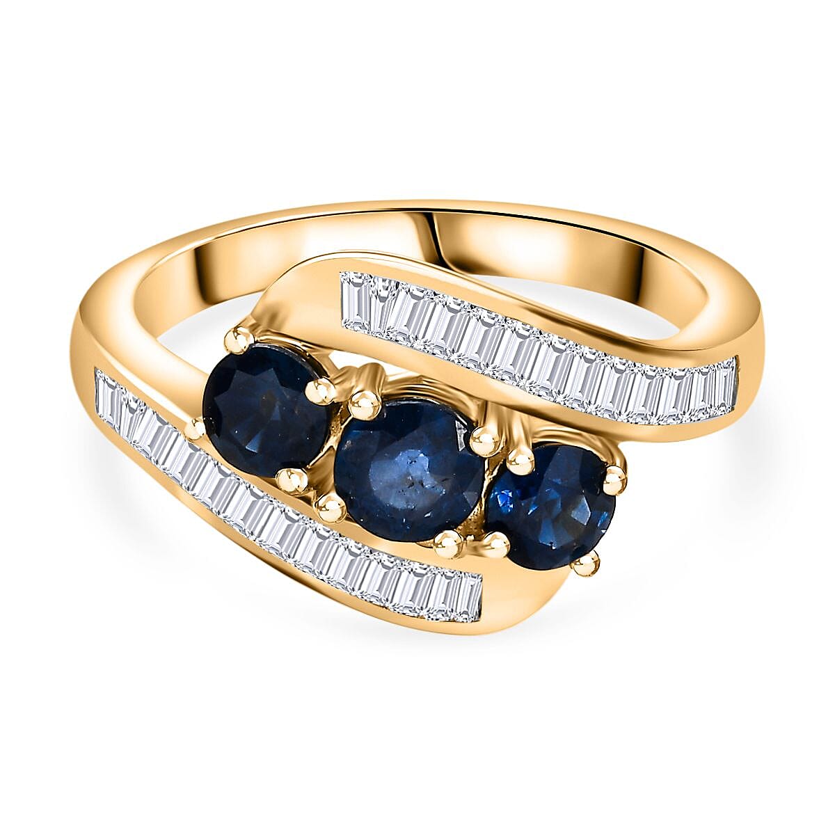 Blue Sapphire and White Zircon 2.31 ctw Ring in 18K Vermeil Yellow Gold Over Sterling Silver (Size 6.5)