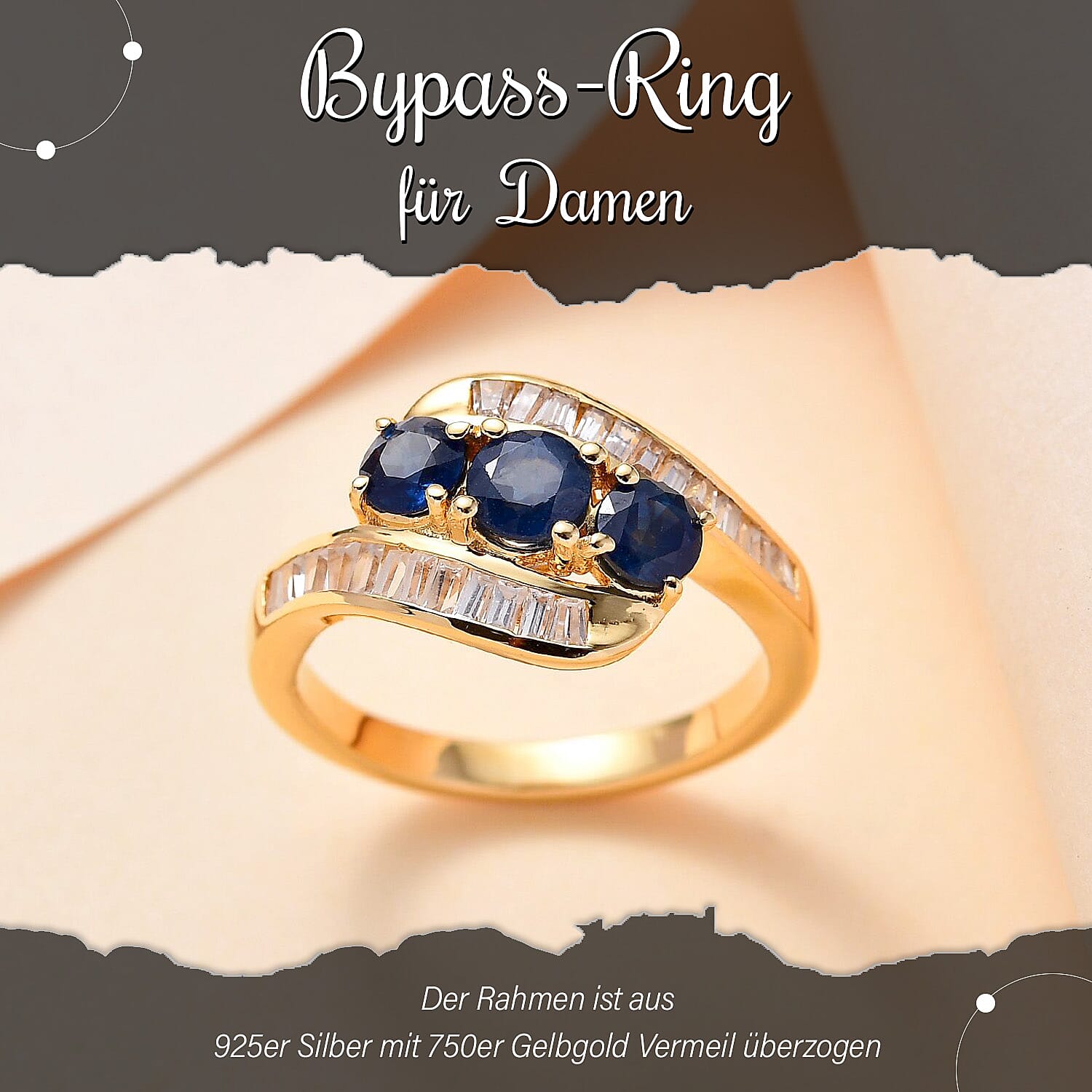 Blue Sapphire and White Zircon 2.31 ctw Ring in 18K Vermeil Yellow Gold Over Sterling Silver (Size 6.5)