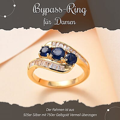 Blue Sapphire and White Zircon 2.31 ctw Ring in 18K Vermeil Yellow Gold Over Sterling Silver (Size 6.5)