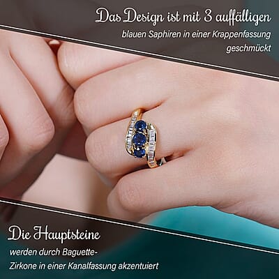 Blue Sapphire and White Zircon 2.31 ctw Ring in 18K Vermeil Yellow Gold Over Sterling Silver (Size 6.5)