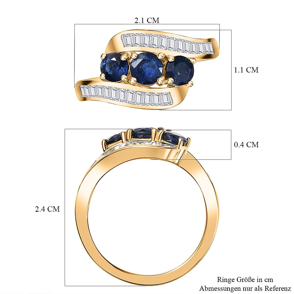 Blue Sapphire and White Zircon 2.31 ctw Ring in 18K Vermeil Yellow Gold Over Sterling Silver (Size 6.5)