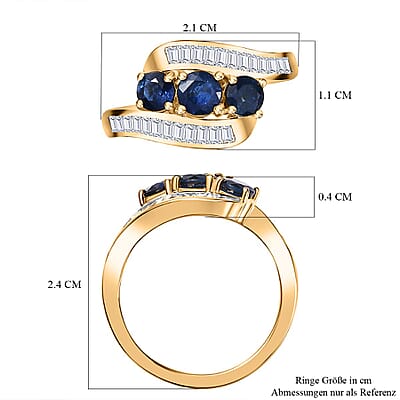 Blue Sapphire and White Zircon 2.31 ctw Ring in 18K Vermeil Yellow Gold Over Sterling Silver (Size 6.5)