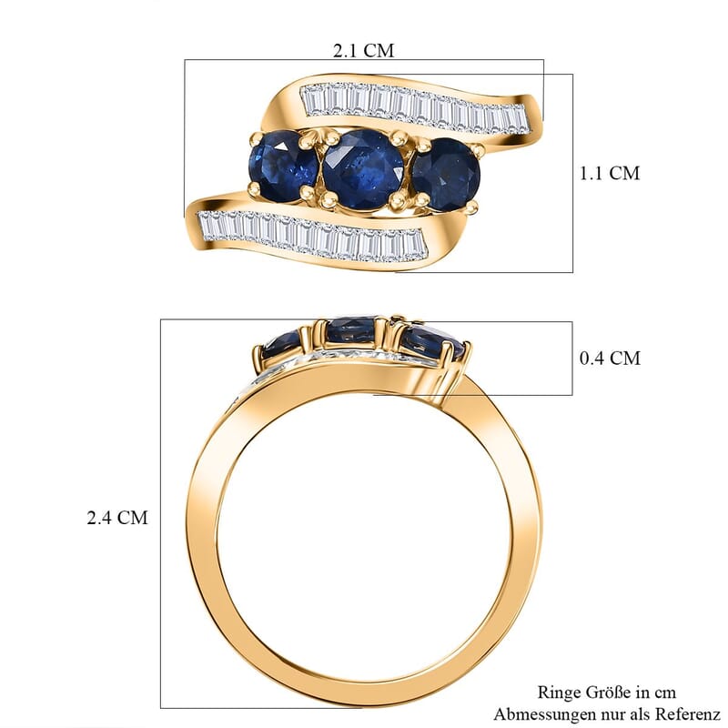 Blue Sapphire and White Zircon 2.31 ctw Ring in 18K Vermeil Yellow Gold Over Sterling Silver (Size 6.5)
