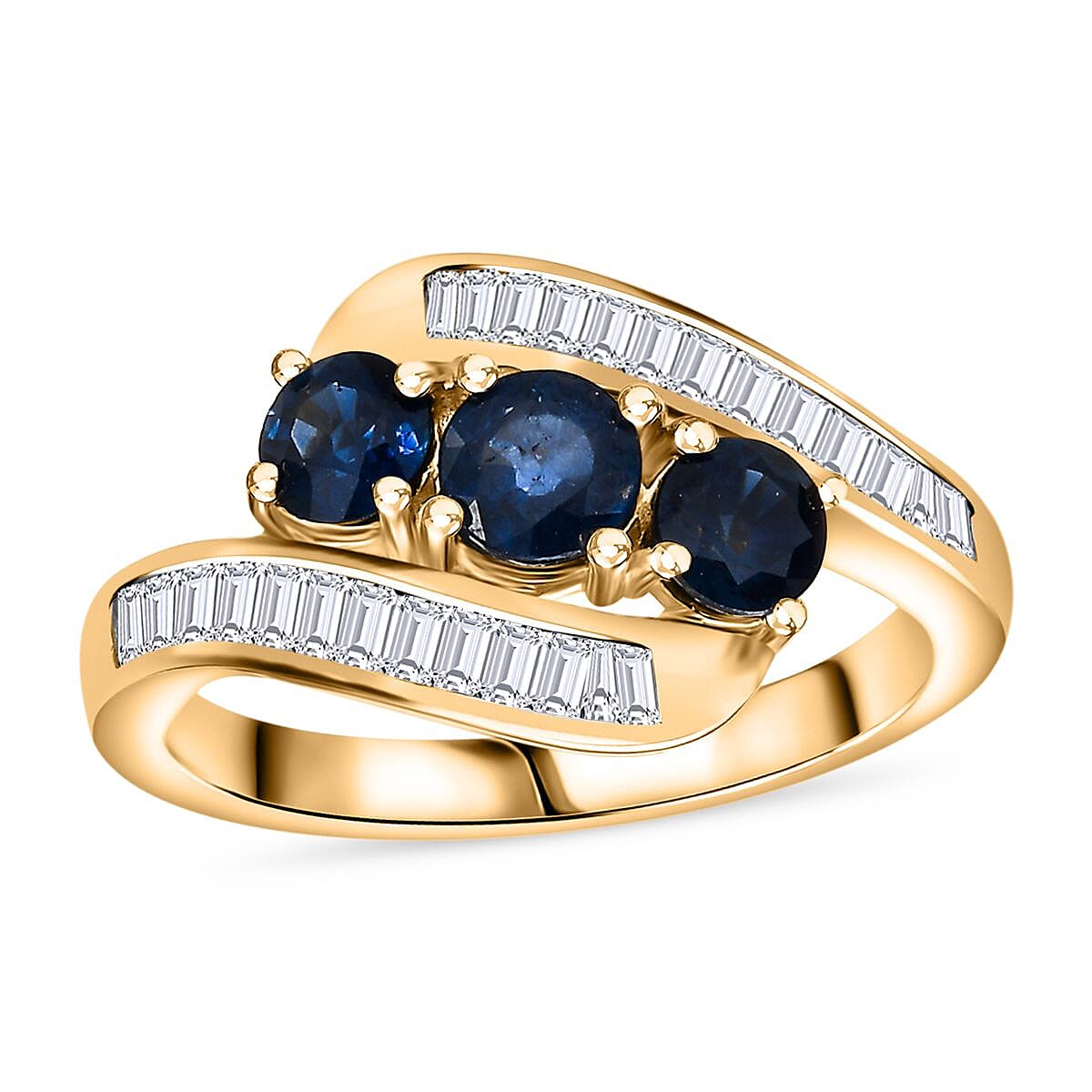 Blue Sapphire and White Zircon 2.31 ctw Ring in 18K Vermeil Yellow Gold Over Sterling Silver (Size 6.5)