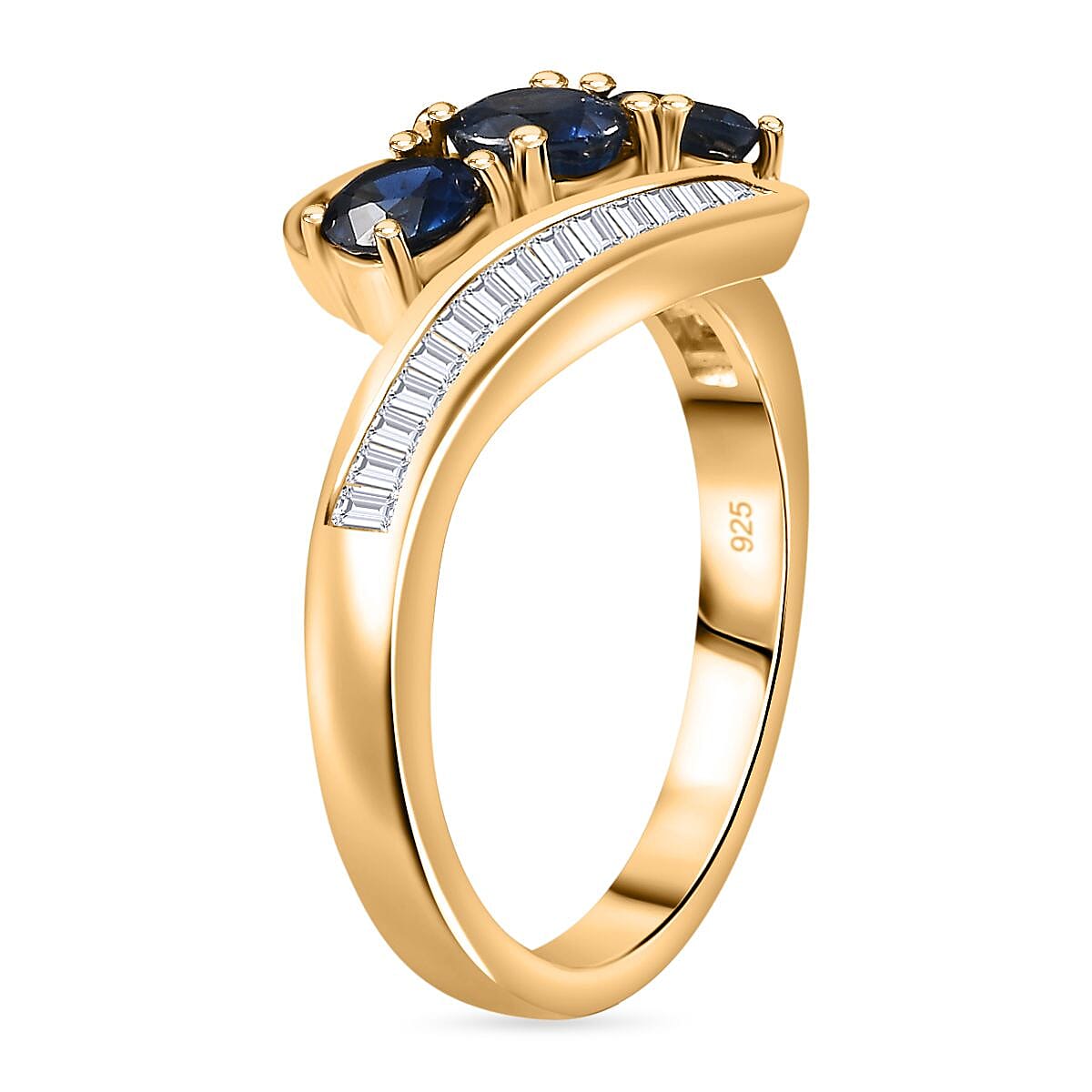 Blue Sapphire and White Zircon 2.31 ctw Ring in 18K Vermeil Yellow Gold Over Sterling Silver (Size 6.5)