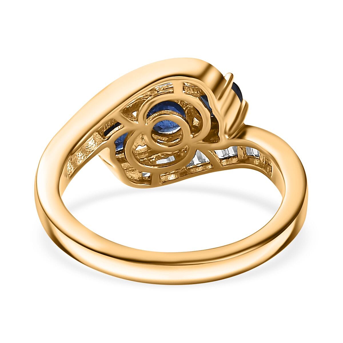 Blue Sapphire and White Zircon 2.31 ctw Ring in 18K Vermeil Yellow Gold Over Sterling Silver (Size 6.5)